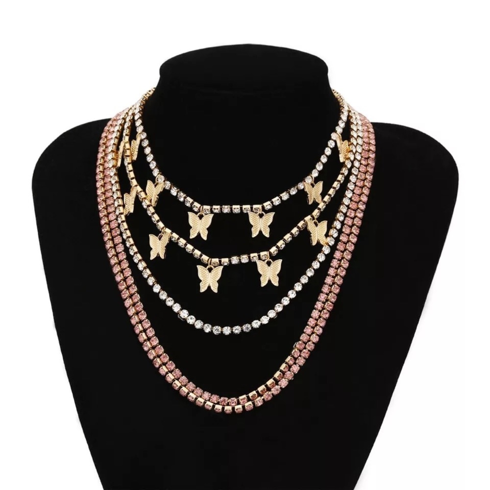 5Pcs set Rhinestone shiny Butterfly layer Necklace